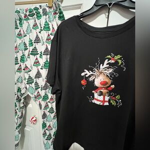 2 Pc Reindeer PJ Set - Black Reindeer Top & Pants Covered in Green Trees 🌲